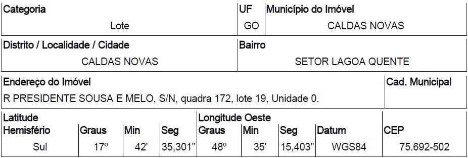 Terreno Caixa em CALDAS NOVAS / GO - 10168526