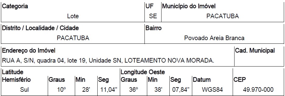 Terreno da Caixa em PACATUBA / SE - 10286336