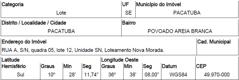 Terreno da Caixa em PACATUBA / SE - 10286337