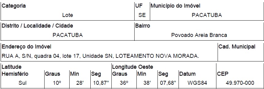 Terreno da Caixa em PACATUBA / SE - 10286338