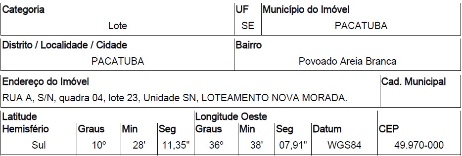 Terreno da Caixa em PACATUBA / SE - 10286341
